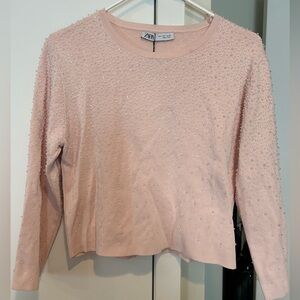 Zara Light Pink Embellished Sweatshirt